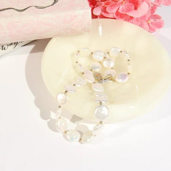 Freshwater Coin Pearls Necklace and .925 Sterling Silver - Picture 7 of 13